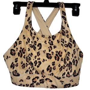 Fabletics Leopard Print Sports Bra Criss Cross Back Tan Black Women's Size M